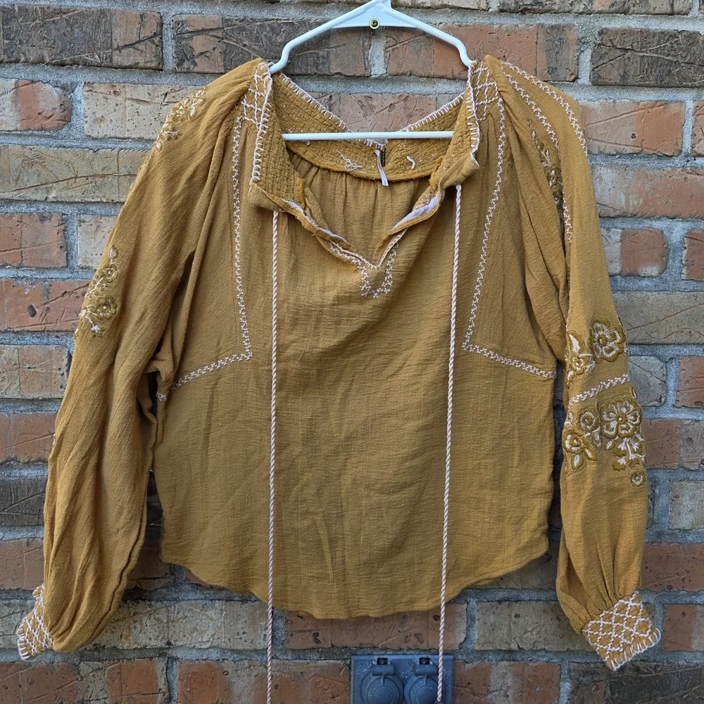 Free People Mustard Embroidered Blouse